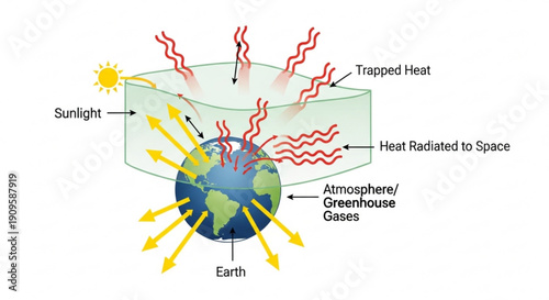 Greenhouse effect diagram earth's atmosphere traps heat global warming concept illustration