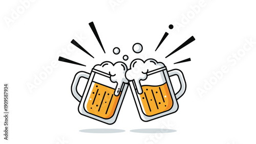 Stylized illustration of two frothy beer mugs clinking together in a toast with splashing bubbles and action lines for celebration.