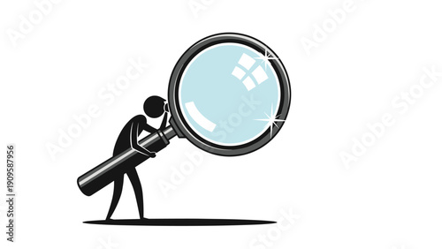 Character silhouette peering through an oversized magnifying glass to examine small details during a search or scientific investigation process.