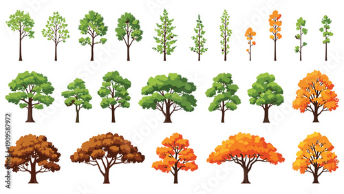 Diverse collection of trees in various shapes sizes and autumn colors including greens oranges and browns for seasonal landscape designs.