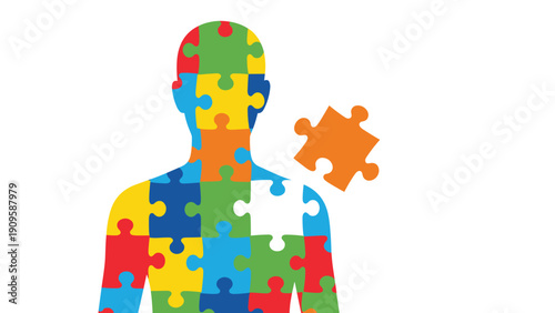 Silhouette of a human torso filled with multicolored puzzle pieces with one piece floating away representing autism or personal identity.