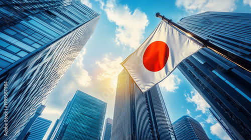 Japan waving flag at building city with blue sky.
