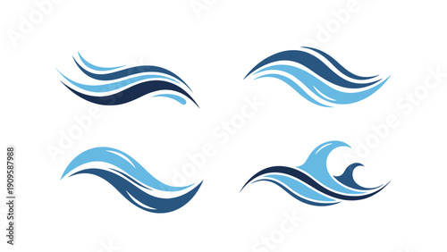 Set of four stylized ocean wave logos in various shades of blue illustrating fluid motion water flow and natural maritime elements.