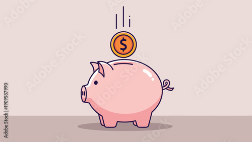 Cute pink piggy bank illustration with a gold dollar coin being deposited symbolizing savings investment and financial planning for future.