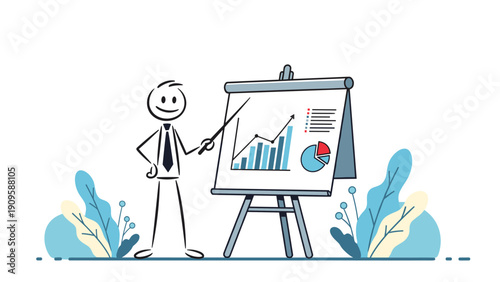 Professional stick figure character giving a presentation with a chart and graphs on an easel surrounded by stylized blue leaves.