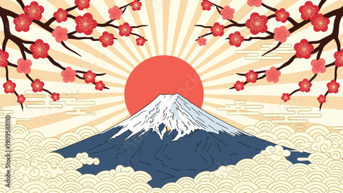 Japanese landscape illustration features the iconic Mount Fuji under a rising sun with cherry blossoms and traditional wave patterns.