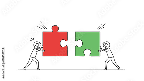 Two stick figures working together to join a red and green puzzle piece representing teamwork, cooperation, and problem solving.