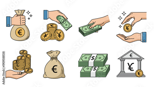 Variety of financial icons showing hands holding currency, stacks of bills, bags of money, and a classic bank building exterior.