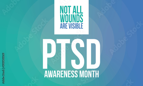 PTSD Awareness Month in June. Post Traumatic Stress Disorder. Celebrated annual in United States. Medical health care and awareness design. Poster, card, banner and background. Vector illustration