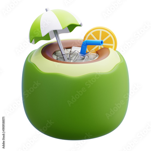 Refreshing 3D render of a green coconut drink featuring an umbrella, straw, and citrus slice, embodying tropical summer relaxation, ideal for digital design projects