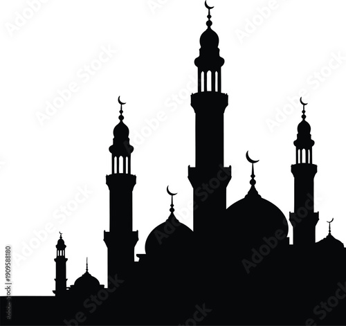 Silhouette of mosque with minarets against intricate golden pattern background