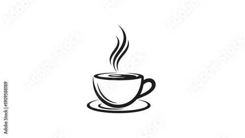 Minimalist black and white illustration of a steaming cup of hot coffee on a saucer suggesting a warm drink or morning break.