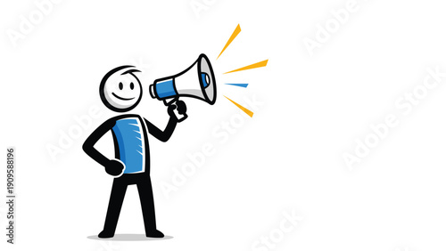 Stick figure holding a megaphone with sound waves coming out illustrating news, announcements, and public speaking concepts.