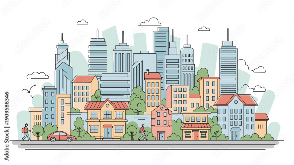 Obraz premium Detailed city landscape illustration features a variety of houses, skyscrapers, and pedestrians walking along a busy street with cars.