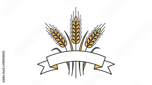 Illustration of ripe wheat stalks with a blank ribbon banner for text representing agriculture, harvest, and bakery branding.