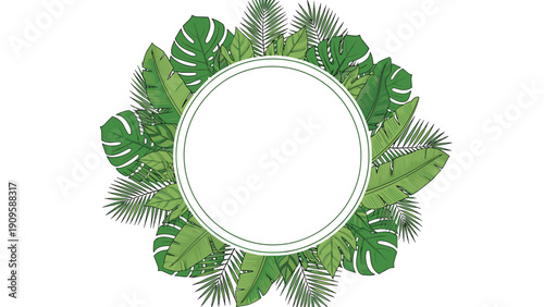 Circular frame made of various tropical green leaves provides a lush botanical background for text or logos in nature themed projects.