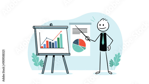 Stick figure businessman gives a presentation with a flipchart showing bar graphs, line charts, and pie diagrams for data analysis.