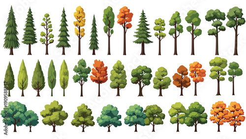 Large set of various tree species in different shapes and colors allows for diverse landscape and environment design illustrations.