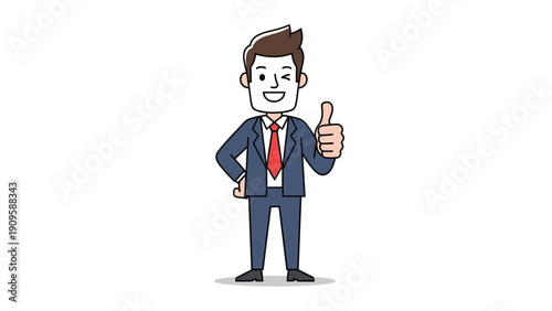 Friendly businessman cartoon character in a navy suit gives a confident thumbs up gesture and winks with a happy expression.