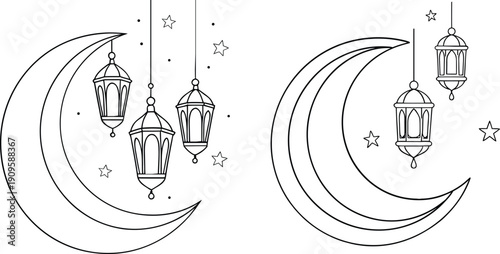 Intricate Islamic Moon Pattern with Mosque Skyline Illustration
