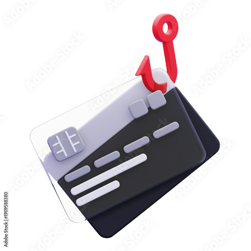 Striking 3D graphic depicting a red fishing hook ensnaring multiple payment cards, effectively symbolizing the growing threat of financial fraud, digital scams, identity theft, and cybersecurity risks