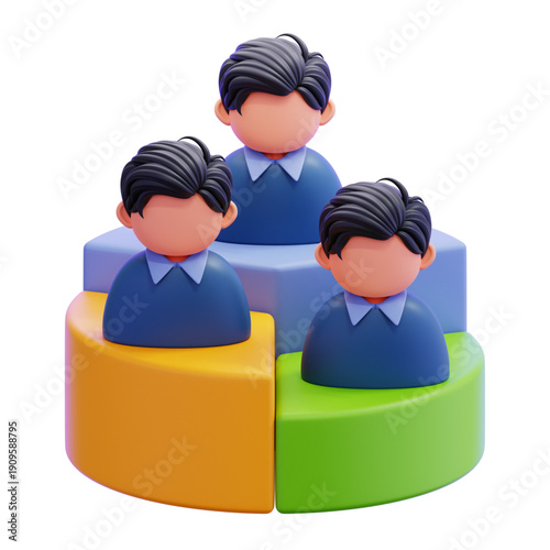 3D illustration of a segmented pie chart representing customer segmentation and analysis with 3 figures on top