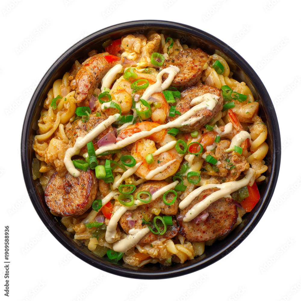 Fototapeta premium Delicious shrimp, sausage, and pasta dish served in a bowl, featuring a close-up shot of the mouthwatering meal Isolated Transparent Background, PNG
