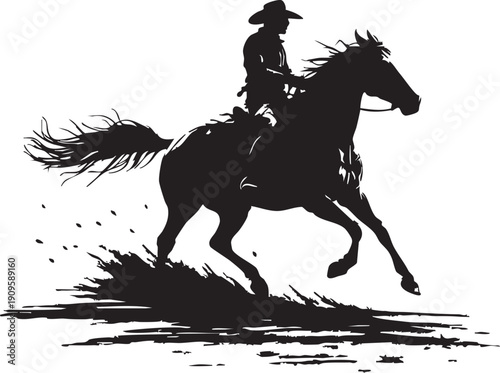 Cowboy Silhouette Riding Galloping Horse in Wild West Style for Western Adventure American Heritage and Rustic Design