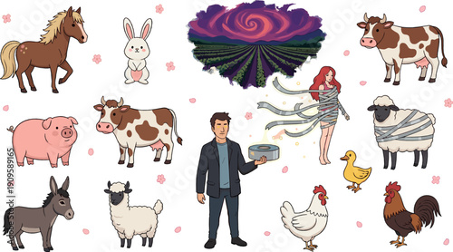 Cute farm animals cartoon set with cow horse sheep chicken rabbit and fantasy characters magical rural vector illustration for kids and educational designs