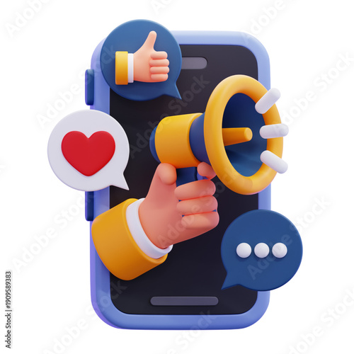 3D illustration of a hand holding a megaphone and interacting with social media icons emerging from a smartphone screen