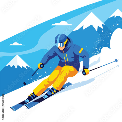 Downhill Action: Dynamic Skier Flat Illustration
