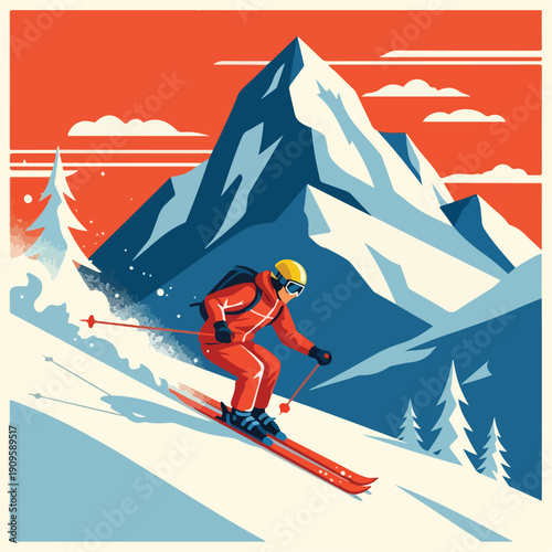 Retro Skier Descending Mountain Winter Poster Illustration