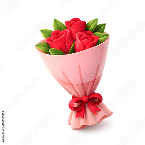 Konstfotografi 3D rendered illustration of a red rose bouquet, wrapped in pink paper with a red ribbon bow