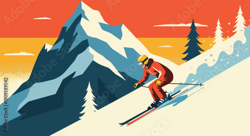 Retro Skier Descending Mountain Winter Poster Illustration