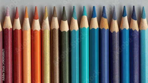 A grid of colored pencils arranged in rows showcases a spectrum from warm reds and oranges to cool greens, blues,