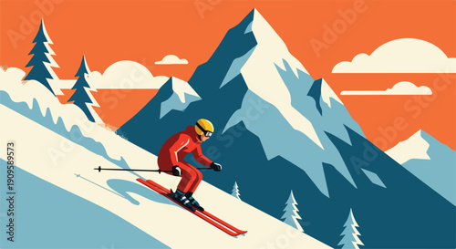 Retro Skier Descending Mountain Winter Poster Illustration