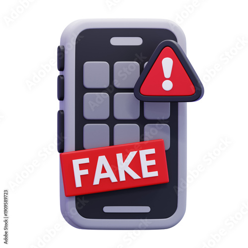 3D rendering of a smartphone displaying a prominent 'FAKE' warning banner and an alert symbol, representing digital fraud, online scams, and misinformation on mobile devices