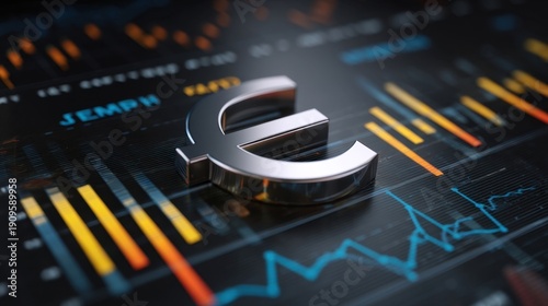 Euro currency symbol foreground financial chart backdrop colored bars line graphs market performance trends time.
