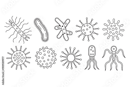 Set of microscopic bacteria and virus cells line art icons representing infectious diseases and biology
