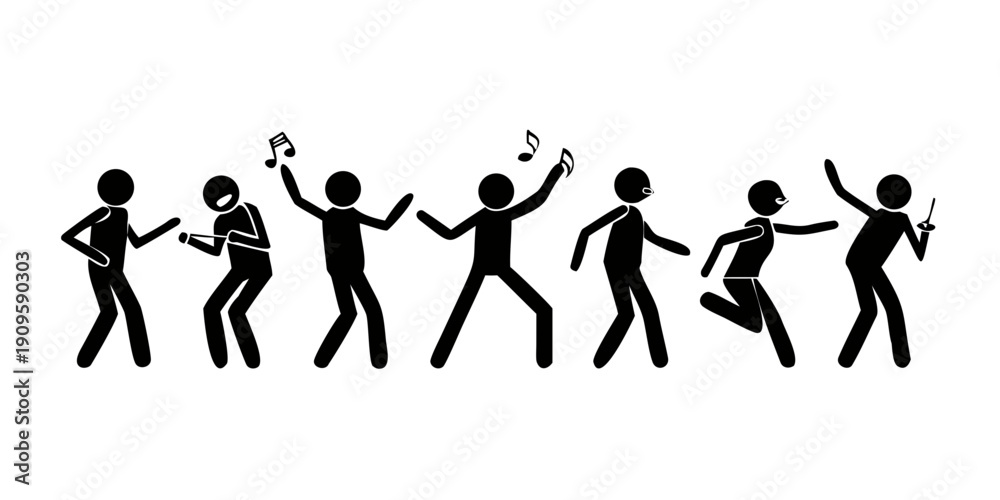 Fototapeta premium dancing man illustration, people having fun, stick figure pictograms set people isolated silhouettes sketch .vector icon