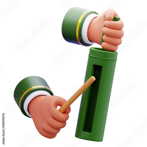 Dynamic 3D illustration of human hands performing a ritualistic offering, placing a wooden stick into a green container, symbolizing contribution, spirituality, or a fortune-telling tradition