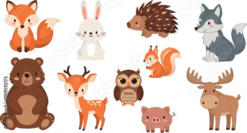 Cute woodland animals cartoon set with bear fox deer rabbit hedgehog owl and wolf playful vector illustration for kids nursery and forest designs