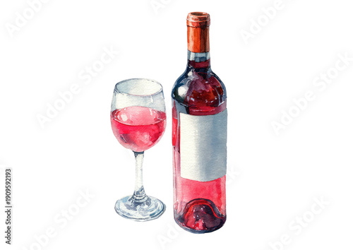 Watercolor illustration of a wine bottle next to a glass filled with red wine