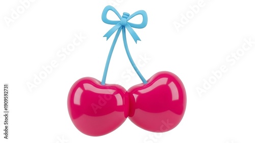 3D Render of Pink Cherries with Blue Bow, Isolated on White Background, Cute Icon for Fashion and Beauty Mockup