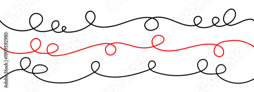Set of seamless squiggle cable lines with decorative loops in black and red