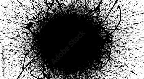 Dynamic black splatter art with chaotic lines and splashes