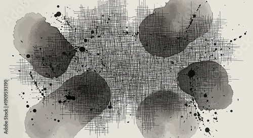 Dynamic abstract art with black splatters and grid lines on gray background