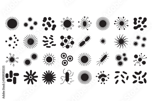 Diverse collection of microbial icons in black and white isolated on white background science vector graphics