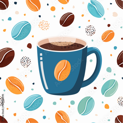 Coffee bean mug cup memphis seamless pattern white background