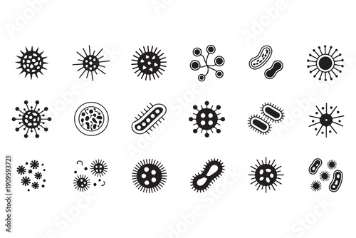 Set of black and white virus icons, bacteria, germ, microbe, parasite, probiotic, disease, infection cell